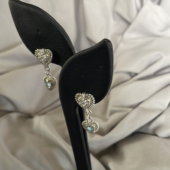 STUNNING Judith Ripka 925 SS Double Heart Blue Topaz/CZ Diamonique Earrings - Picture 4 of 11